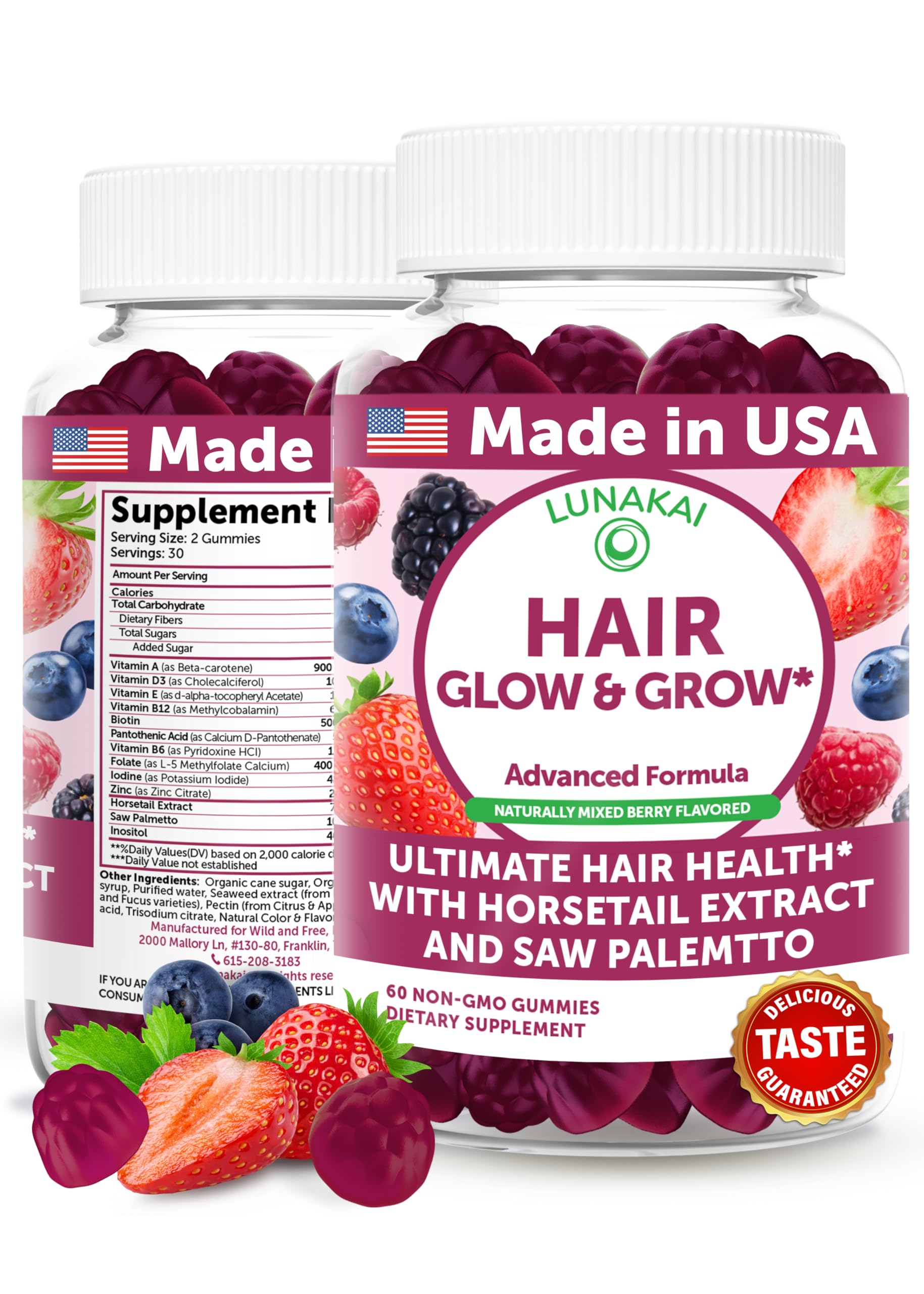 Lunakai hair gummies bottle label featuring Biotin and Zinc