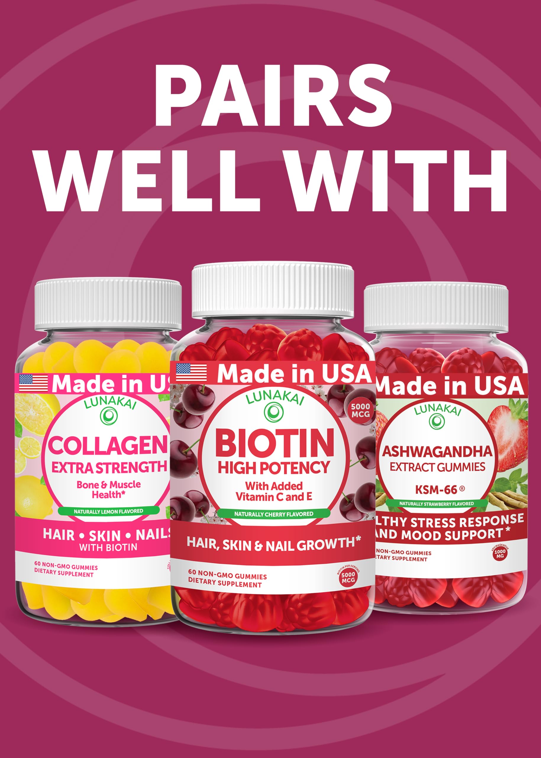 Lifestyle shot of Lunakai gummies with hair care products