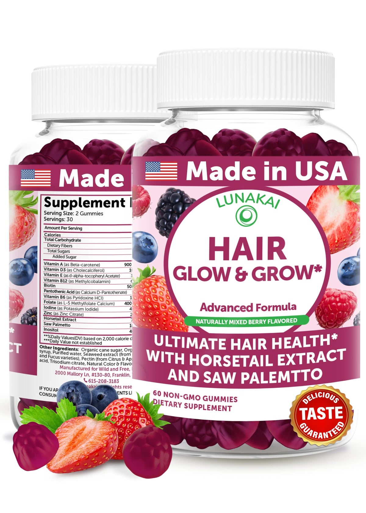 Front view of Lunakai Hair Gummies bottle showing Biotin, Zinc, Horsetail Extract & Saw Palmetto (60 count)