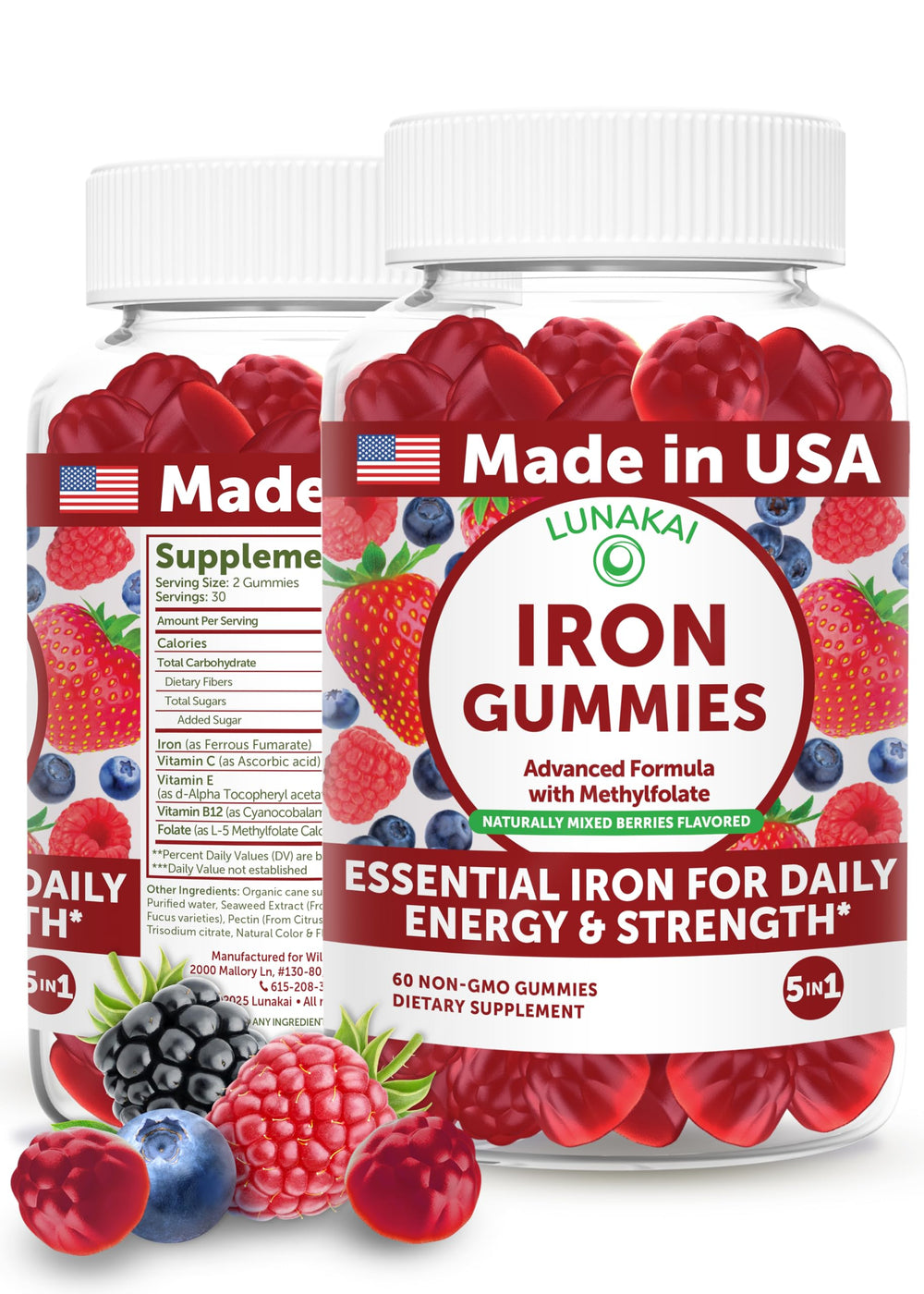 Lunakai iron gummies bottle with berry flavor