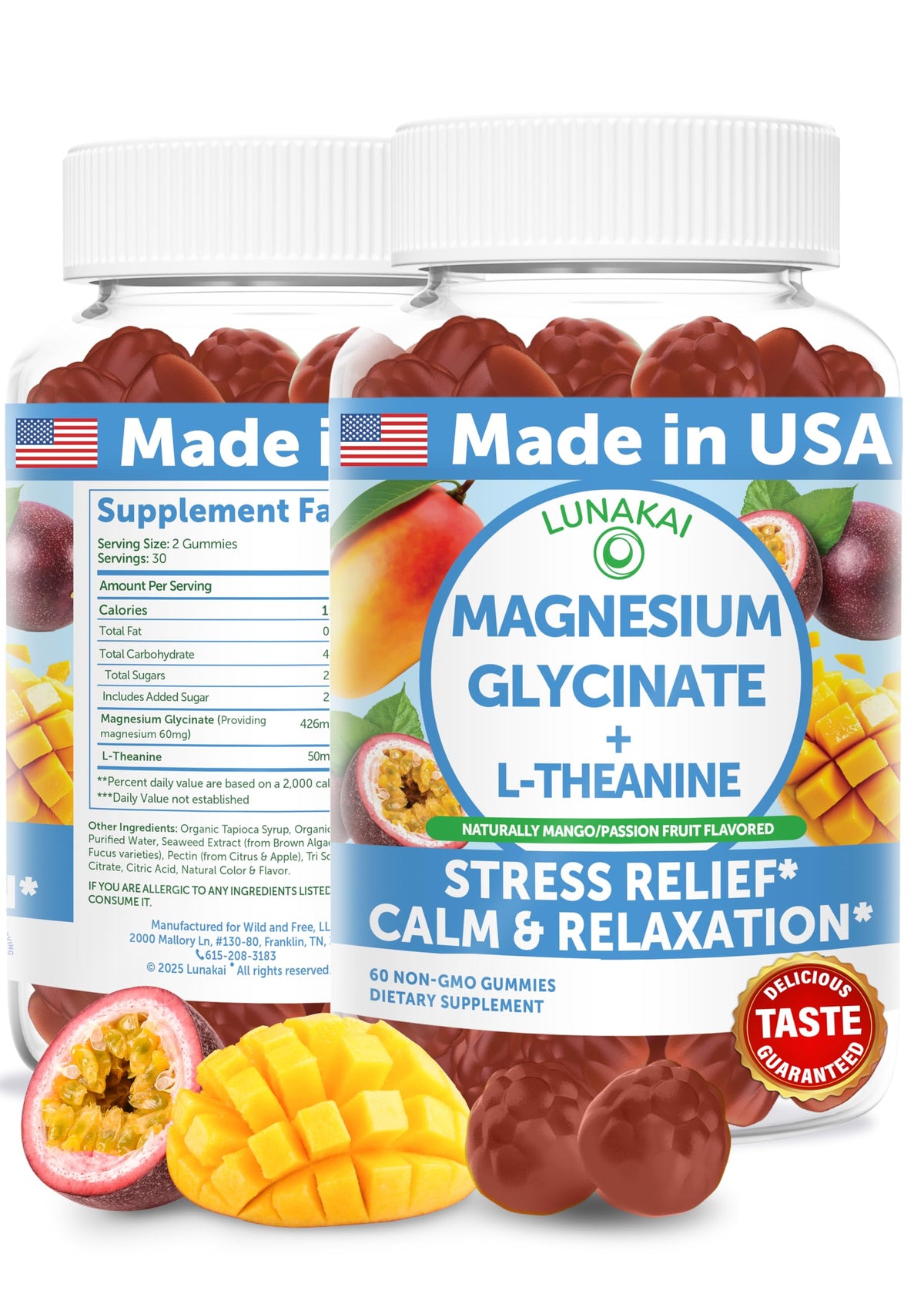 Lunakai Magnesium Glycinate Gummies with L-Theanine – 60 count bottle
