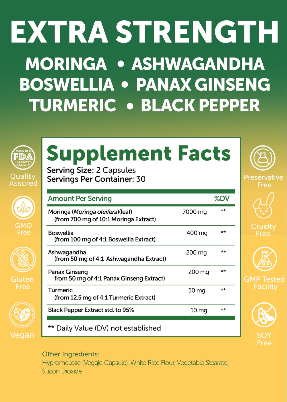 Ashwagandha, Ginseng, Boswellia, Turmeric blend