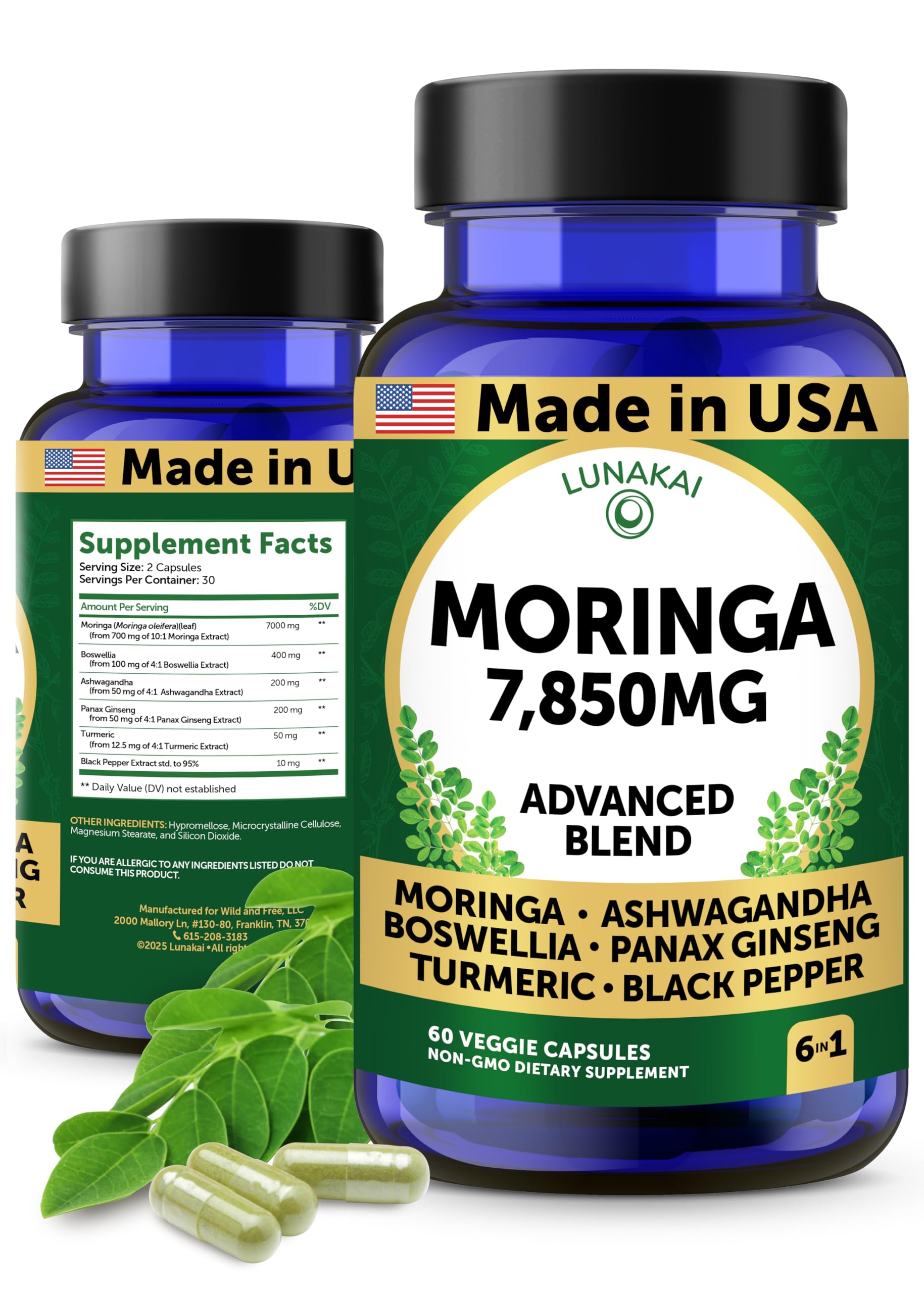 Lunakai Moringa capsules bottle front view - 60 capsules