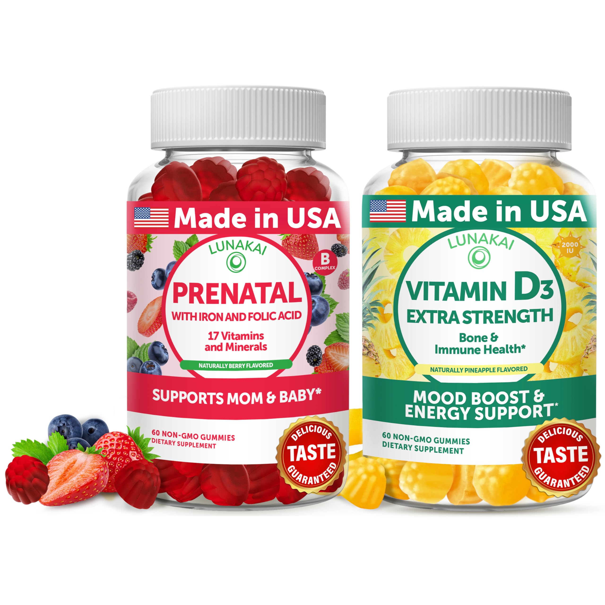 Lunakai Prenatal Vitamin D3 Gummies bundle hero image with bottle and gummies