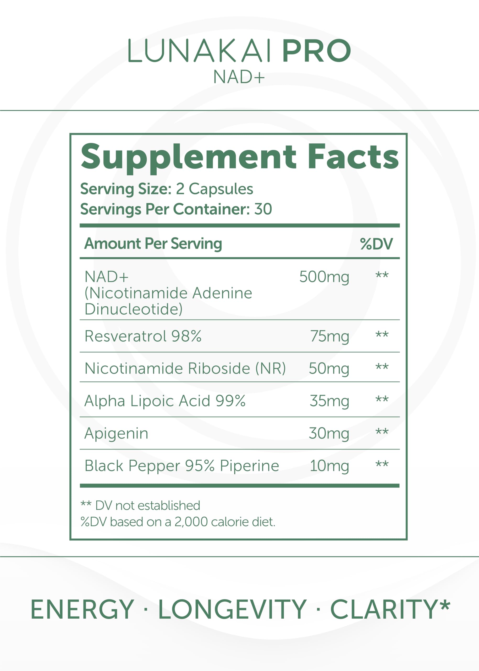 USA-made Lunakai PRO NAD+ bottle on white background