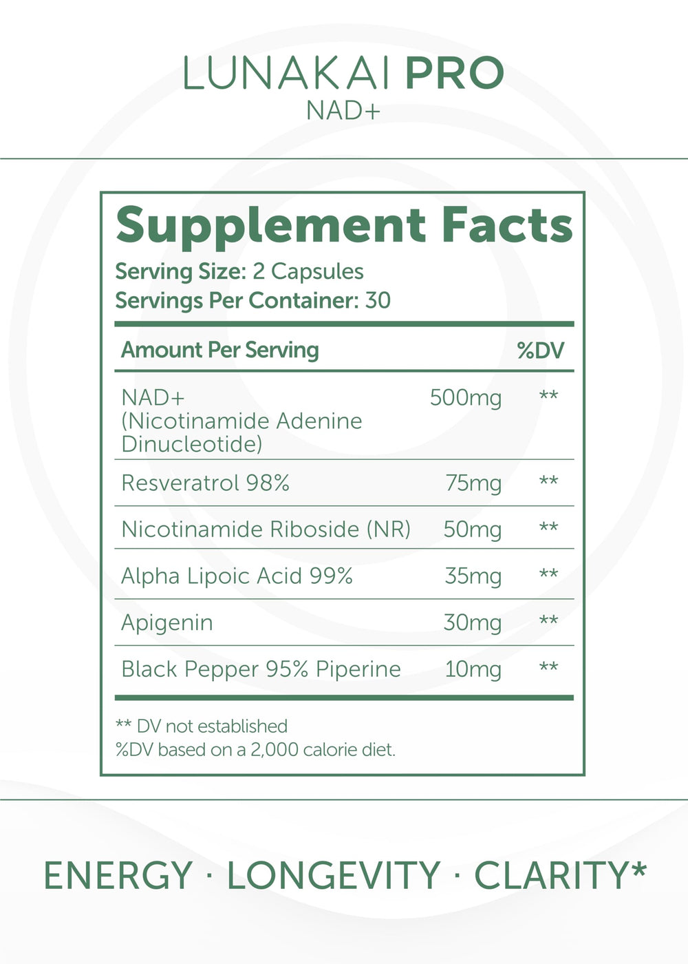 USA-made Lunakai PRO NAD+ bottle on white background