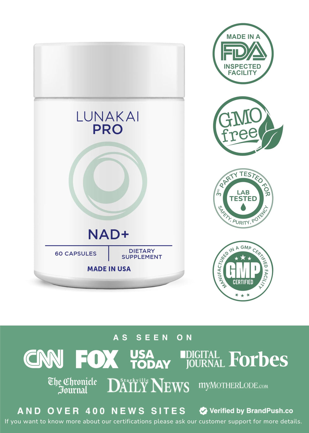 Lunakai PRO NAD+ NR Resveratrol bottle side angle