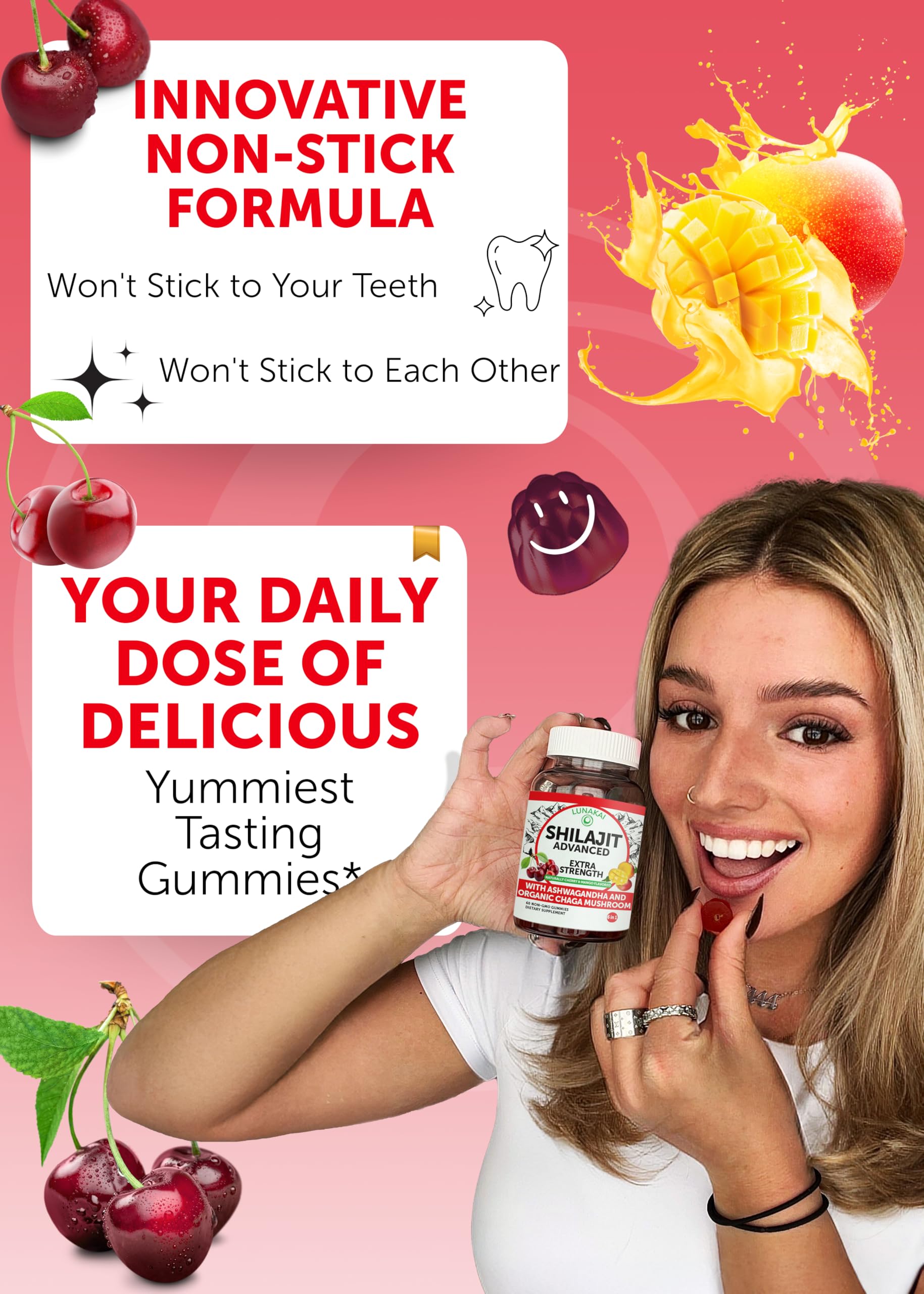 Close-up of gummies showing cherry and mango flavors