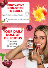 Close-up of gummies showing cherry and mango flavors