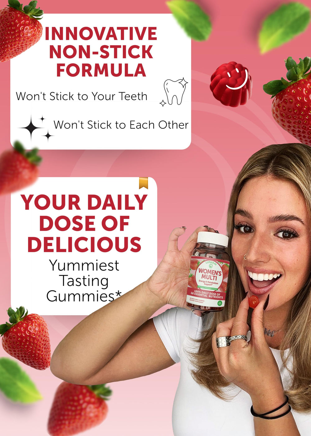 Strawberry-flavored gummy vitamin for women