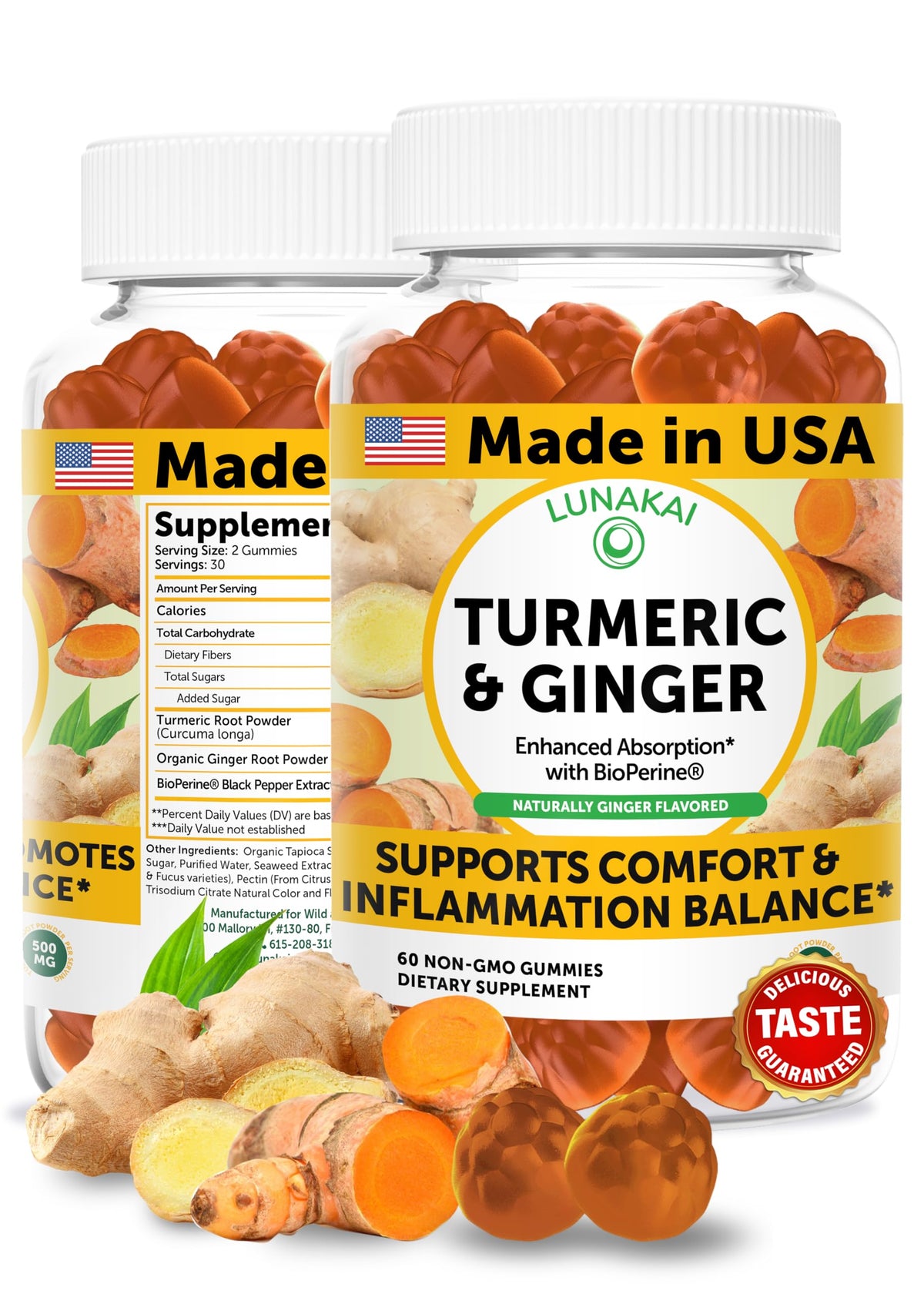 Lunakai USA Made Turmeric Gummies with Ginger & BioPerine – 60 count bottle