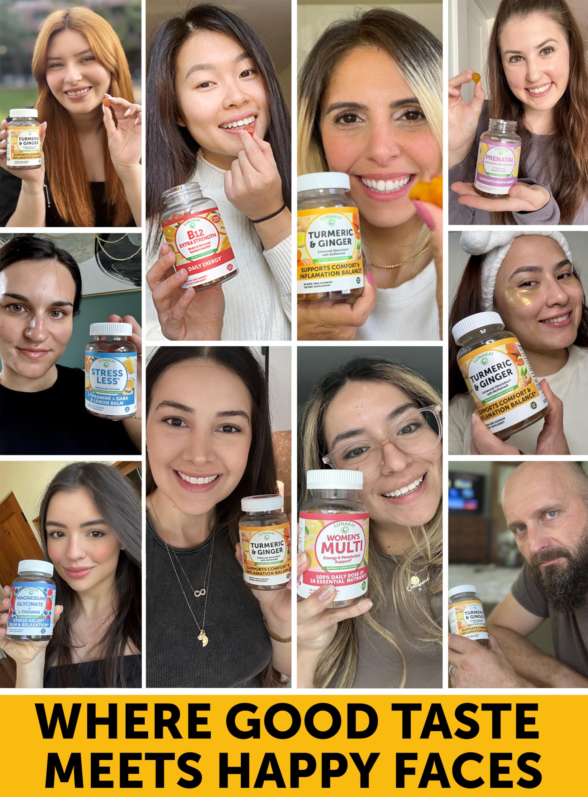 Gummies on white background with turmeric and ginger ingredients