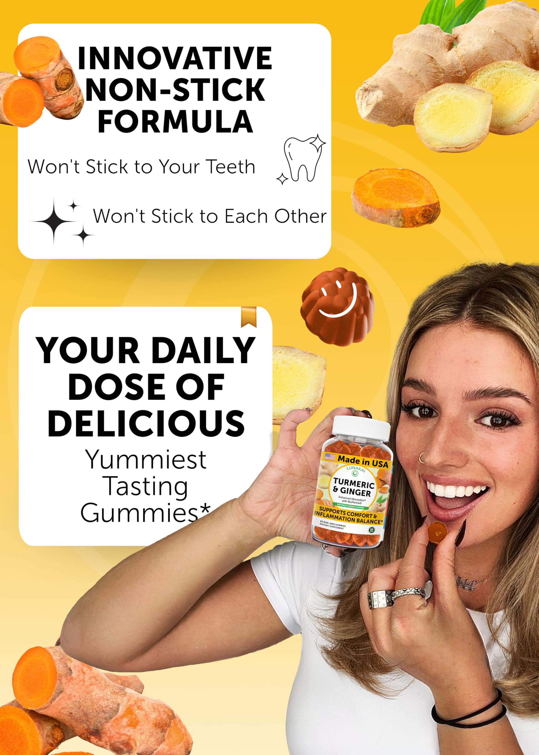 Front label of Lunakai turmeric gummies showing USA made