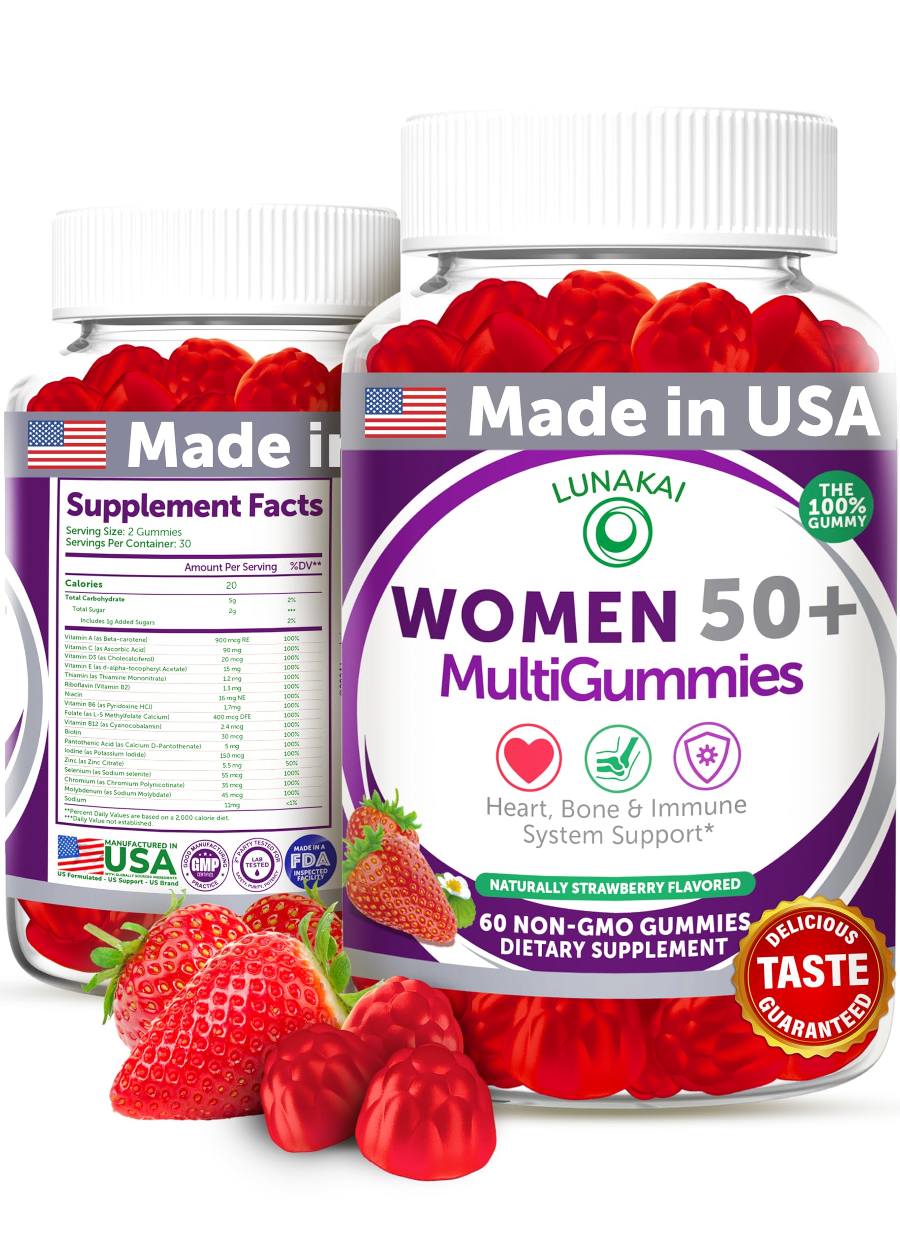 Lunakai USA-made 50+ women's multivitamin gummies bottle cap