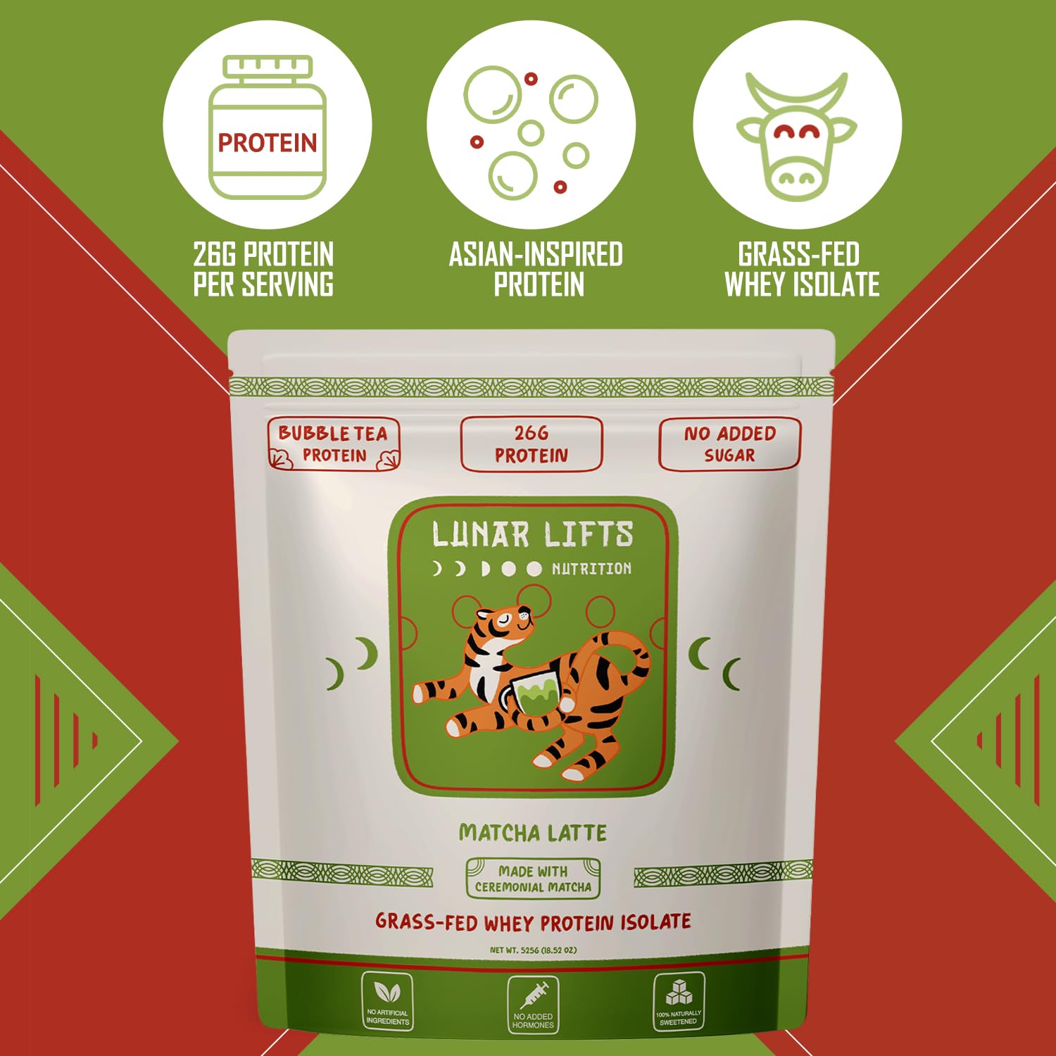 Lunar Lifts ceremonial-grade matcha powder close-up emphasizes premium taste.