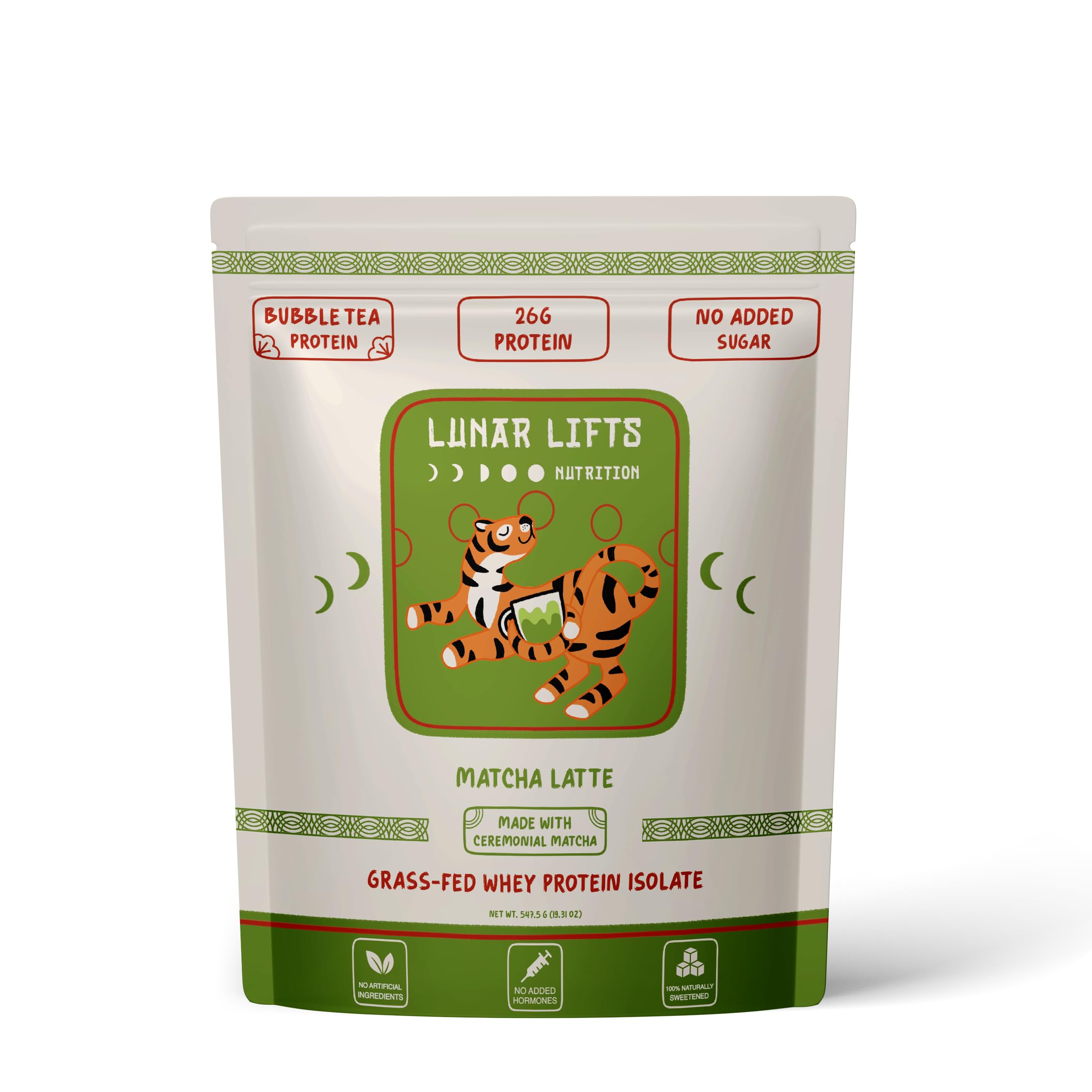 Lunar Lifts Matcha Latte bottle shows a boba-inspired protein drink for on-the-go fueling.