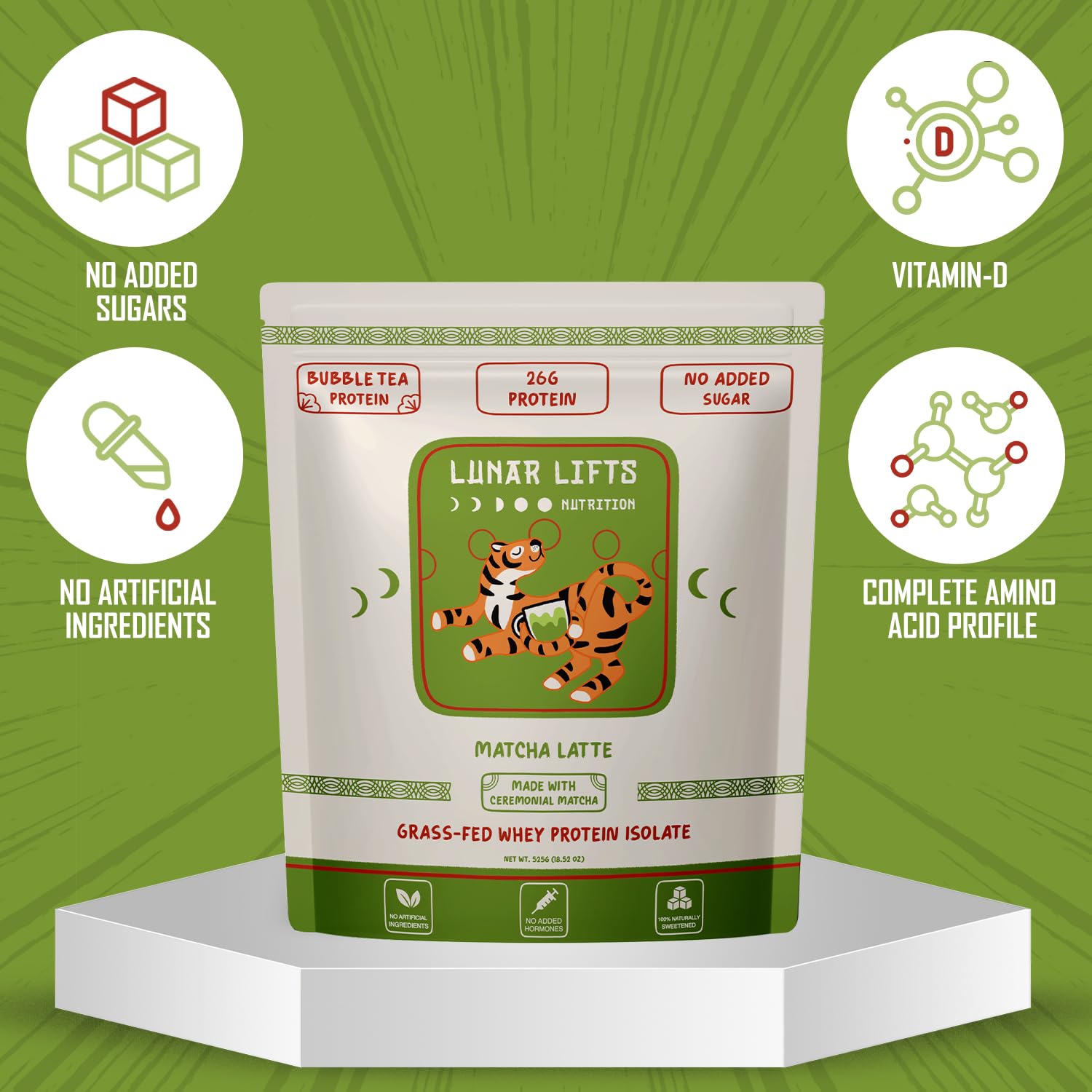 Lunar Lifts No Added Sugar label communicates a sugar-free protein option.