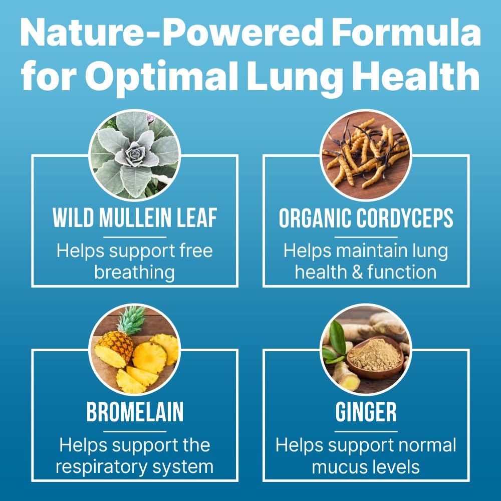 Ingredients include mullein extract, cordyceps, bromelain, ginger, and lemon peel
