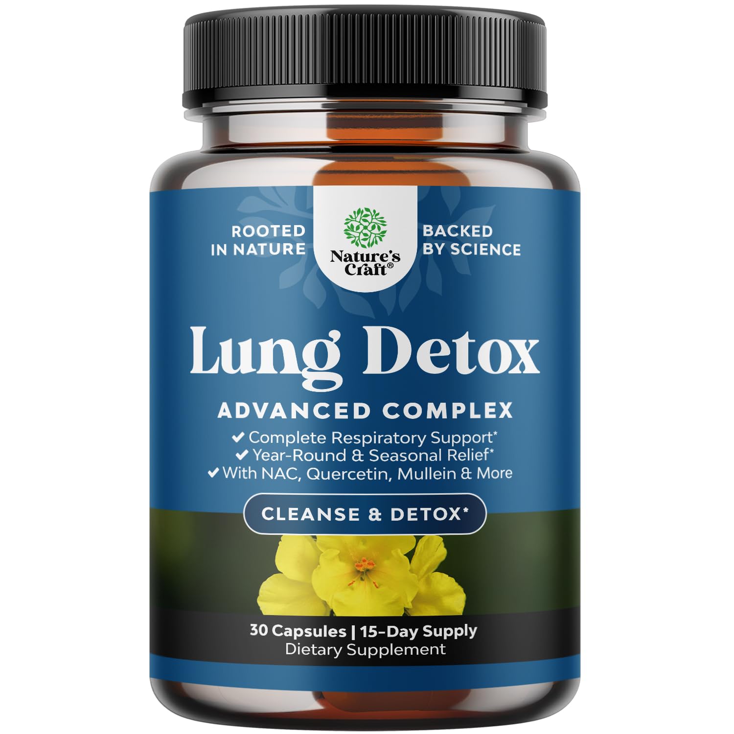 Lung Detox Mullein Capsules bottle on white background