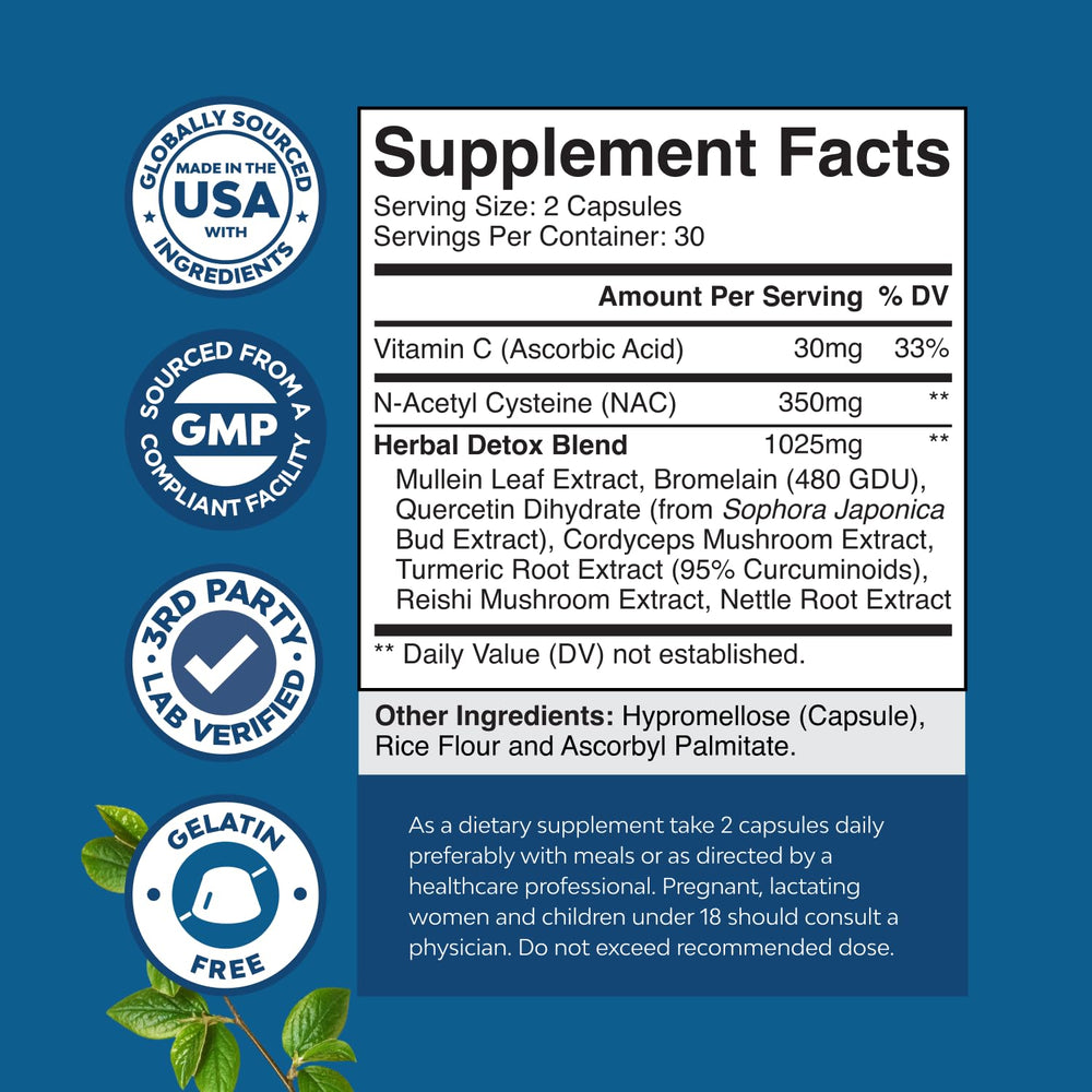 Mullein leaf, turmeric, NAC and quercetin ingredients arrangement