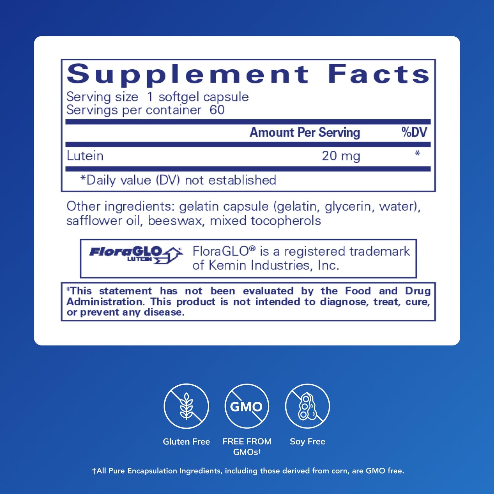 Lutein 20 mg hypoallergenic formula label