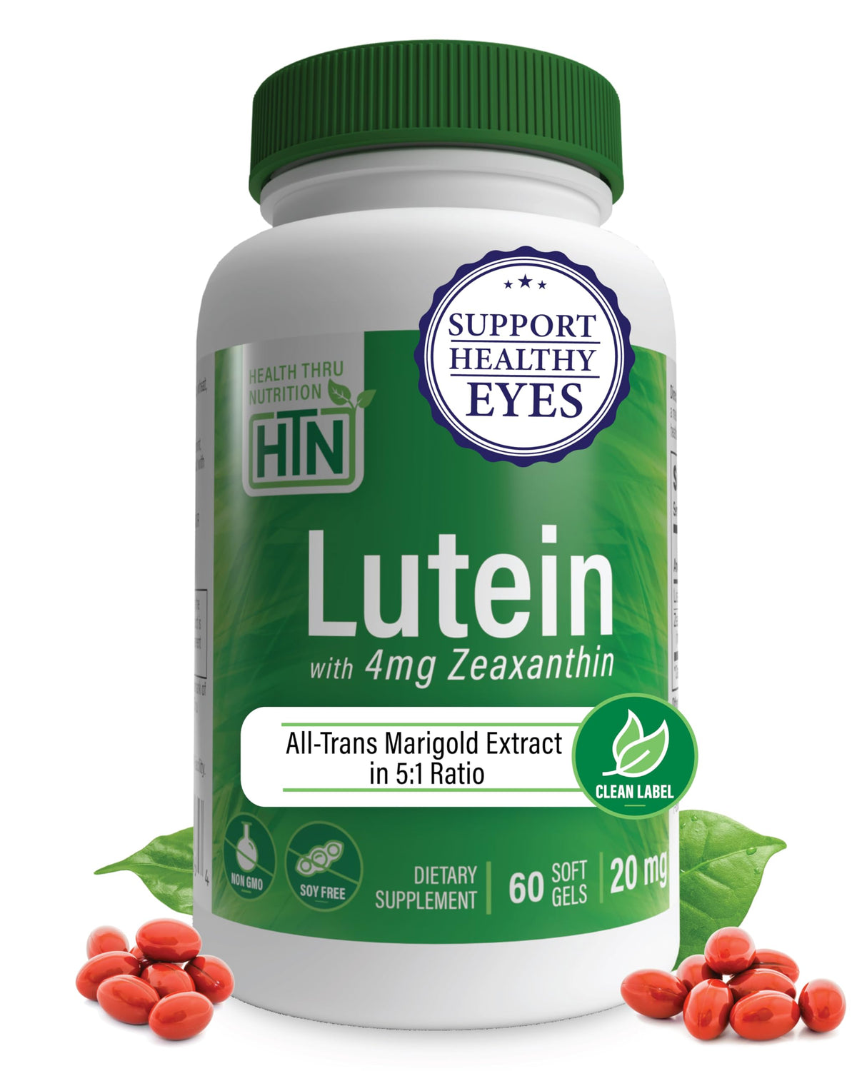 Bottle of Health Thru Nutrition Lutein 20mg with Zeaxanthin 4mg softgels