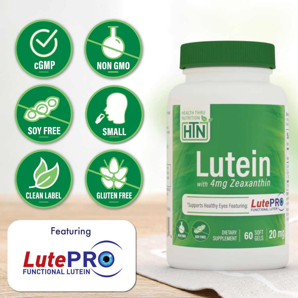 Nutrition facts panel showing Lutein 20mg and Zeaxanthin 4,000mcg