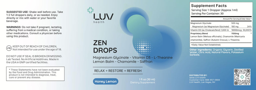 LUV Zen Drops packaging showing full ingredient list