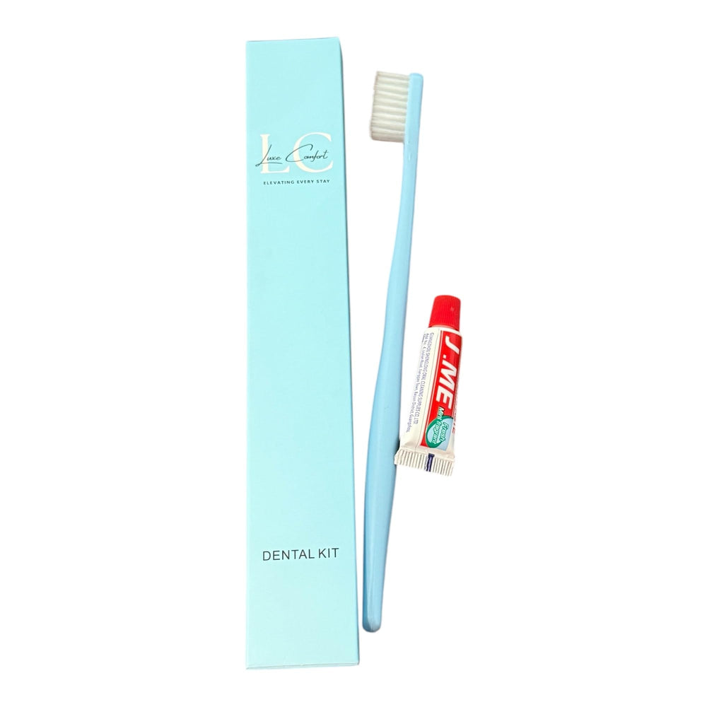 Bulk 100-pack dental kits for hotels and travel accommodations in light blue packaging
