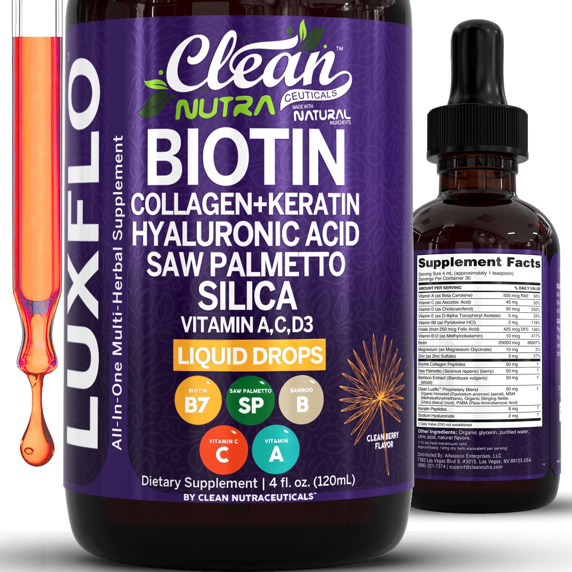 LuxGlo Biotin Liquid Drops bottle with dropper