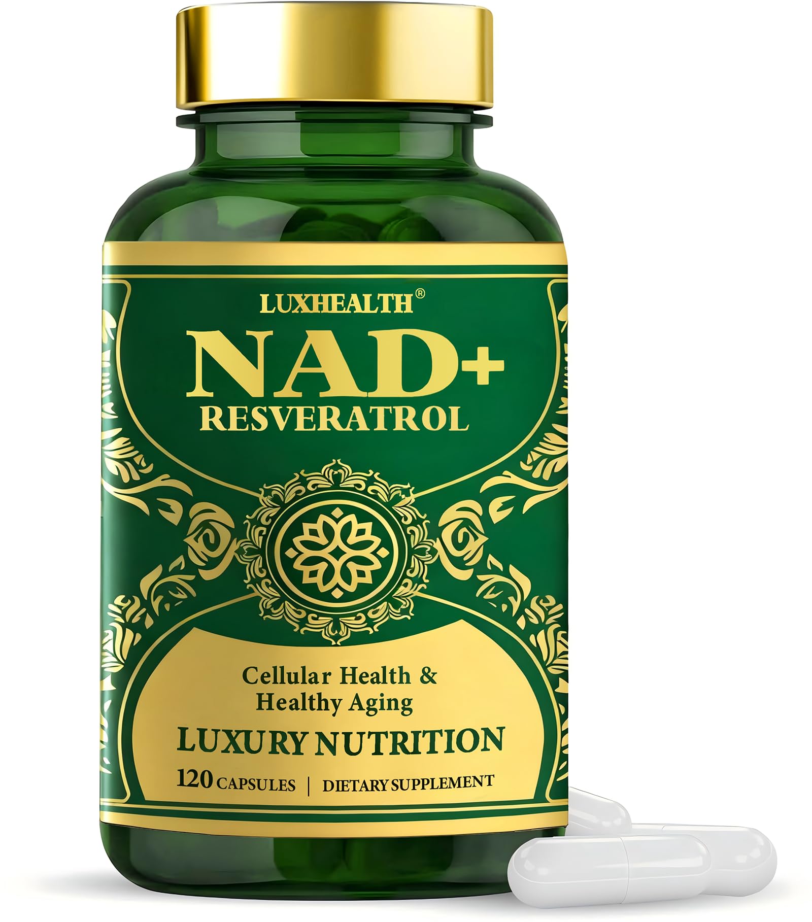 NAD+ supplement bottle front view with label
