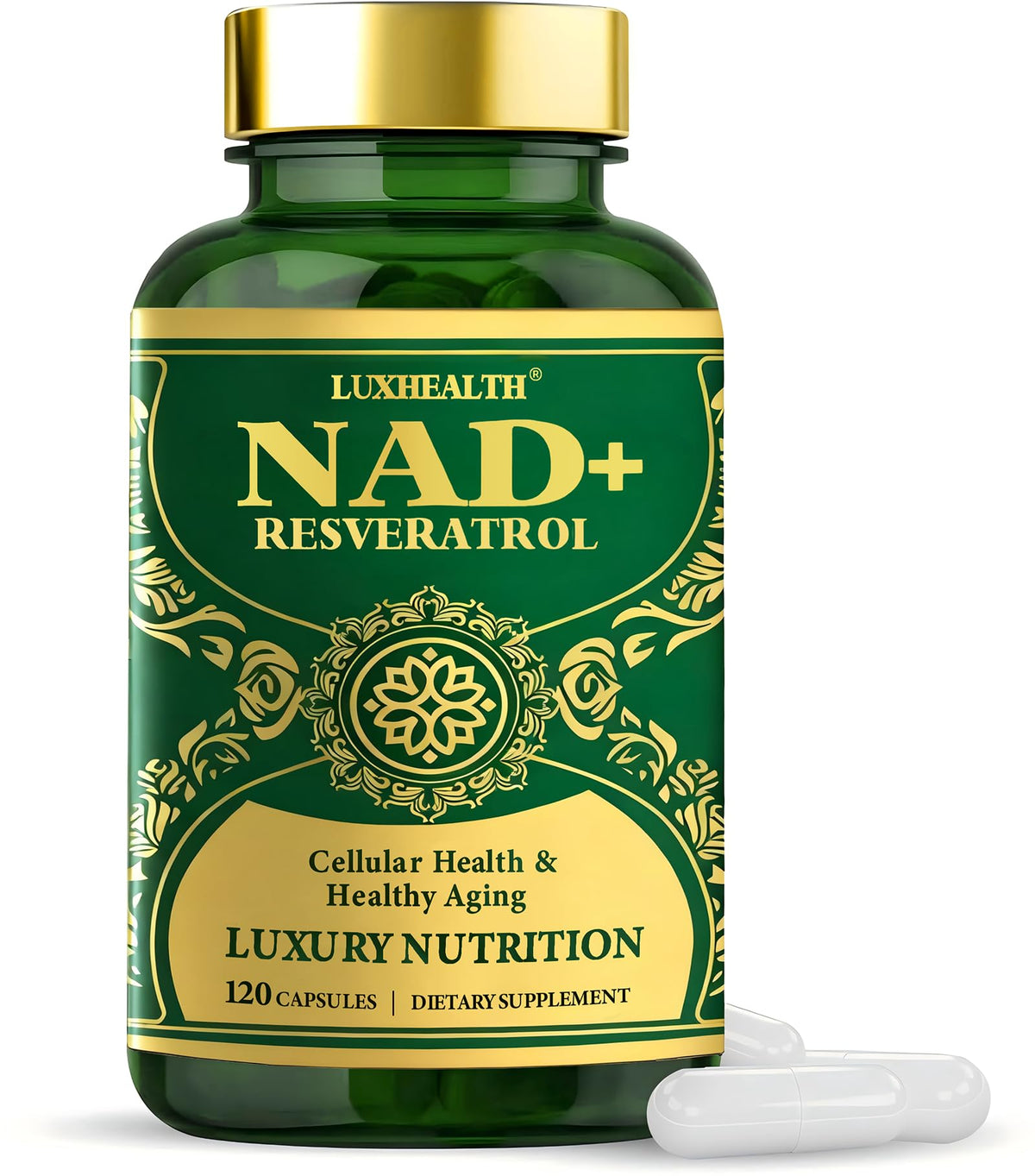 NAD+ supplement bottle front view with label