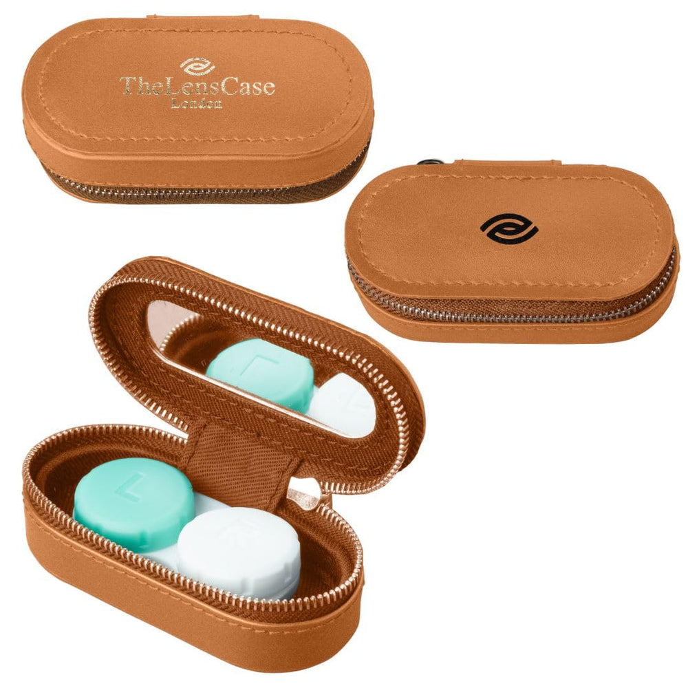Caramel brown luxury leather travel contact lens case with built-in mirror