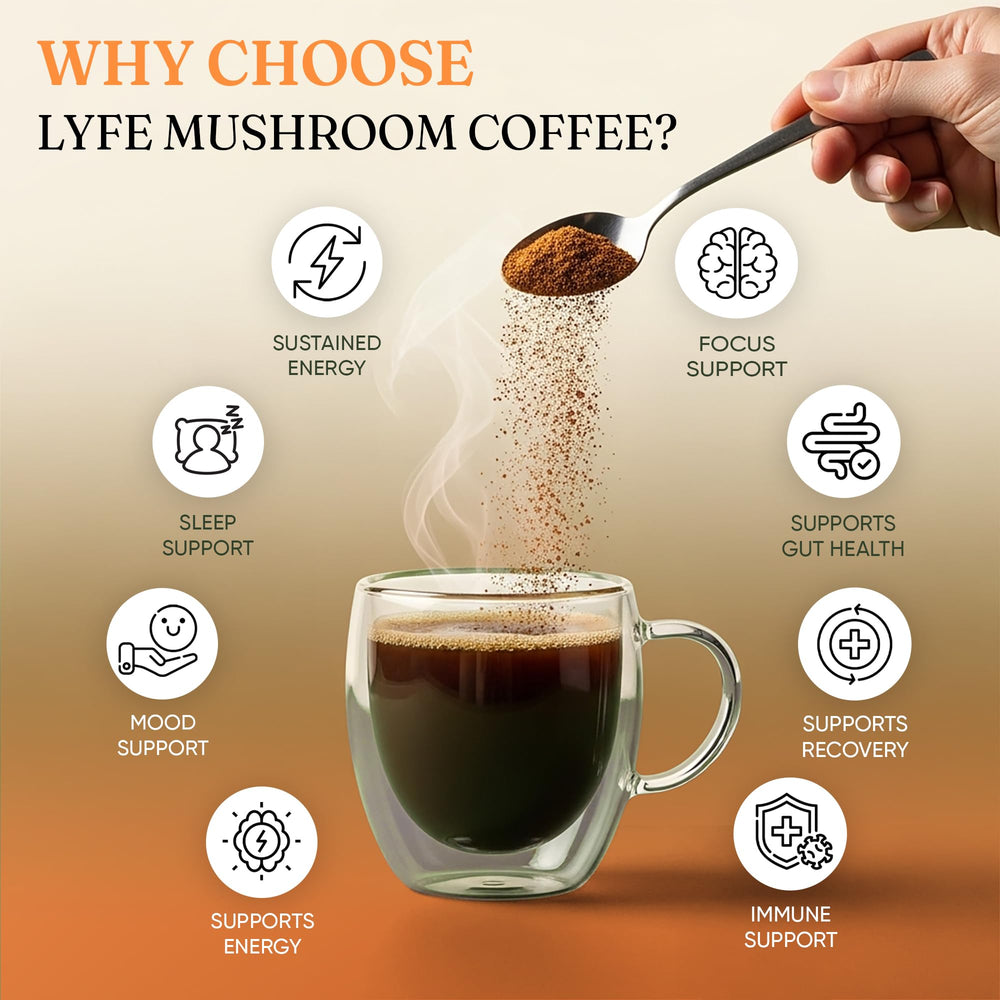 Decaf mushroom coffee designed for energy and focus