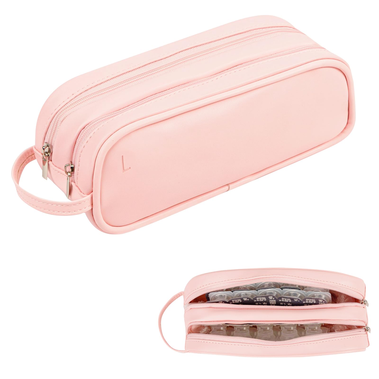 Front view of LYKKEKOI Daily Lens Organizer Case in pink