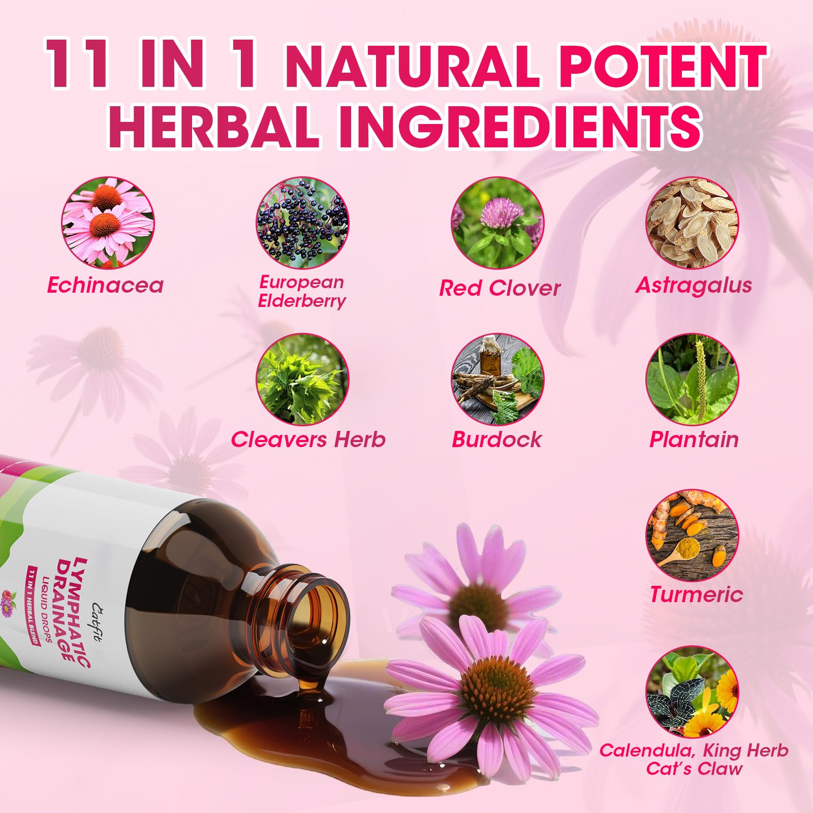 Herbs such as cleavers herb, burdock, calendula and turmeric in the blend