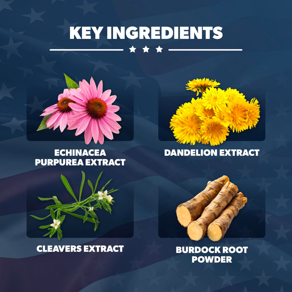 Herbal blend ingredients including Burdock Root, Cleavers, Rutin, Kelp and Lemon Peel