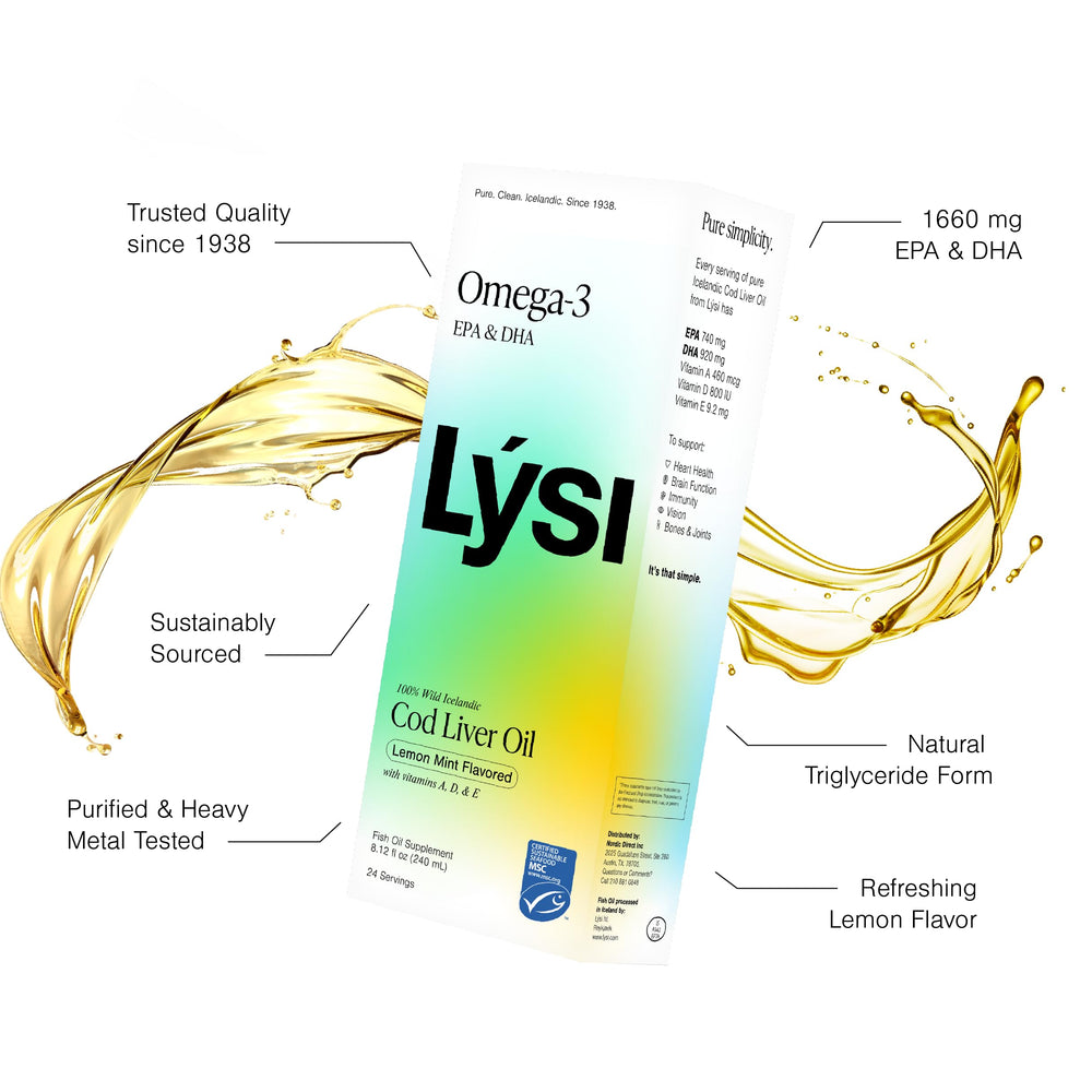 Lysi Cod Liver Oil bottle against neutral background