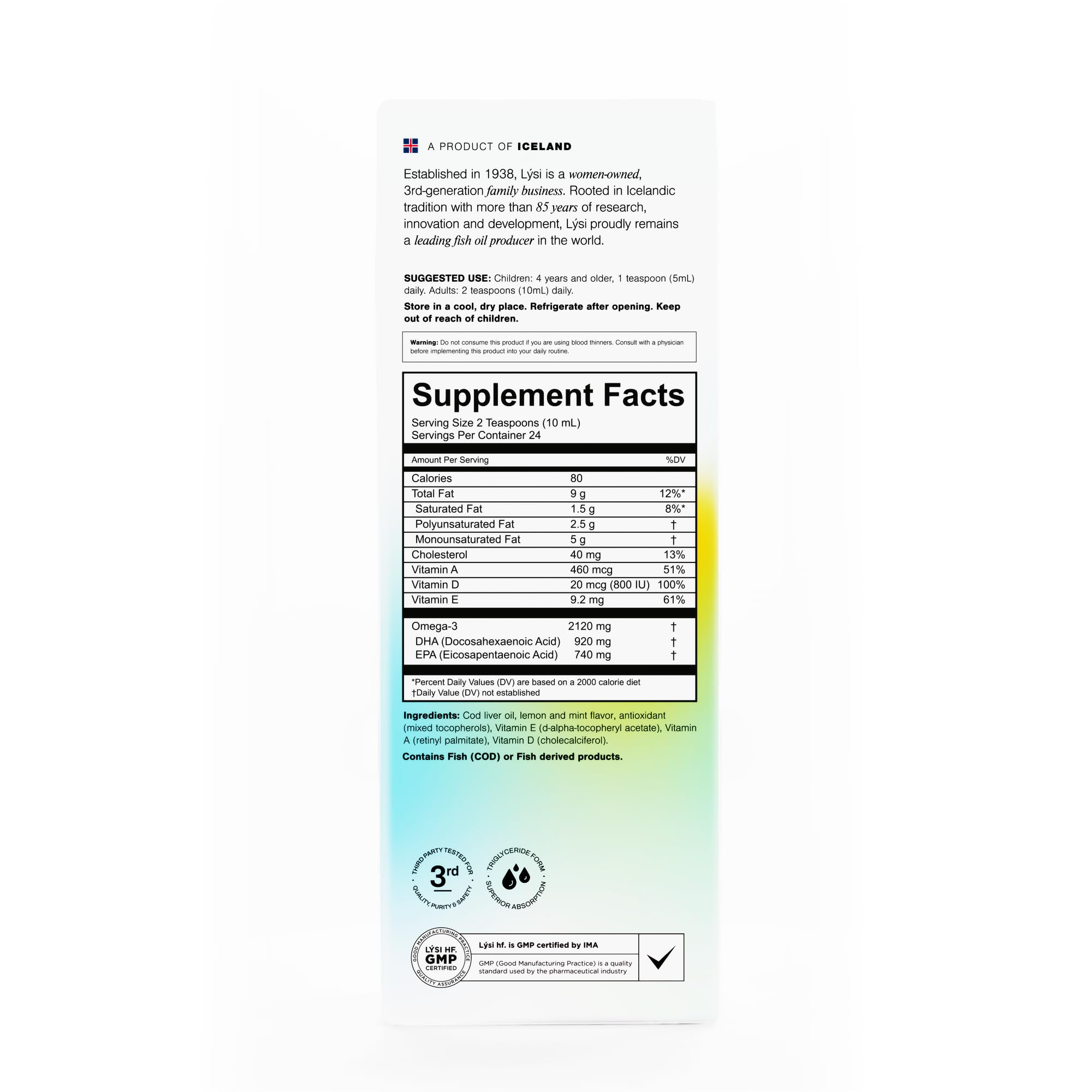 Vitamins D, A, and E icons on Lysi cod liver oil