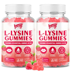 Front view of L-Lysine 1000mg Gummies bottle with raspberry flavor