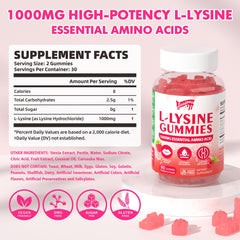 Two raspberry-flavored L-Lysine gummies on a white background