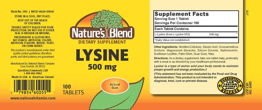 Close-up of Lysine 500 mg tablets