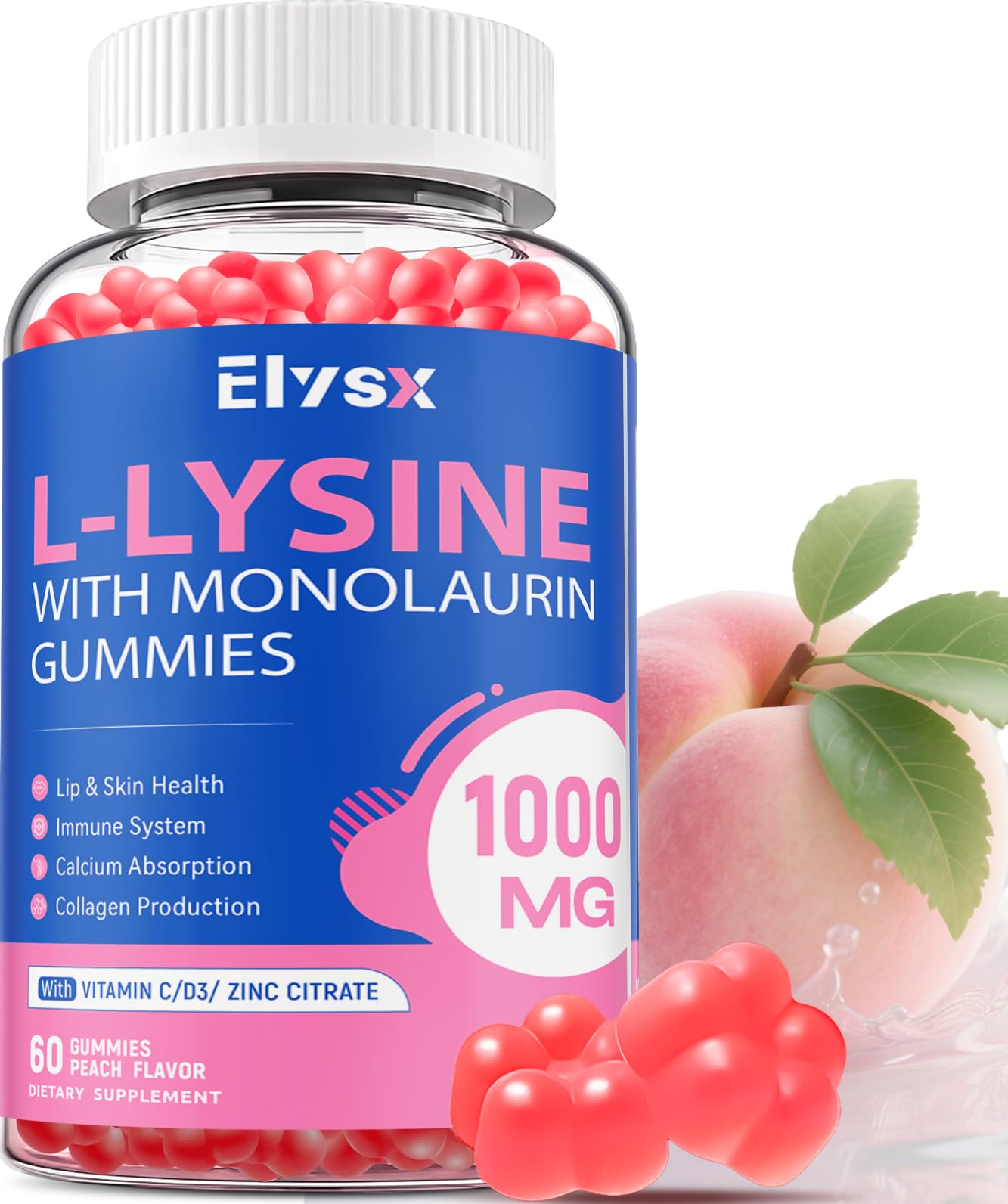 Bottle of L-Lysine Gummies 1000mg with Monolaurin in peach flavor, 60 count