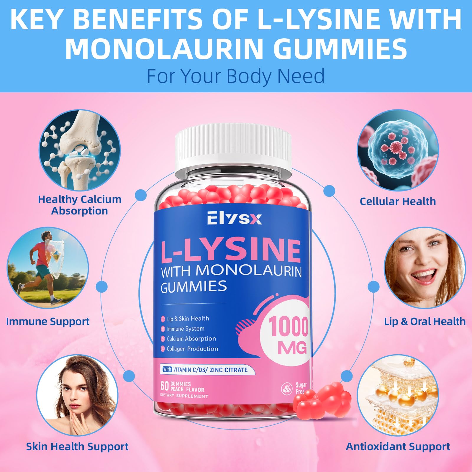 Chewable peach-flavored L-Lysine Gummies