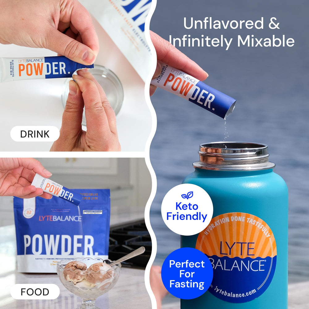 Lyte Balance pouring into glass; easy mix for on-the-go hydration.
