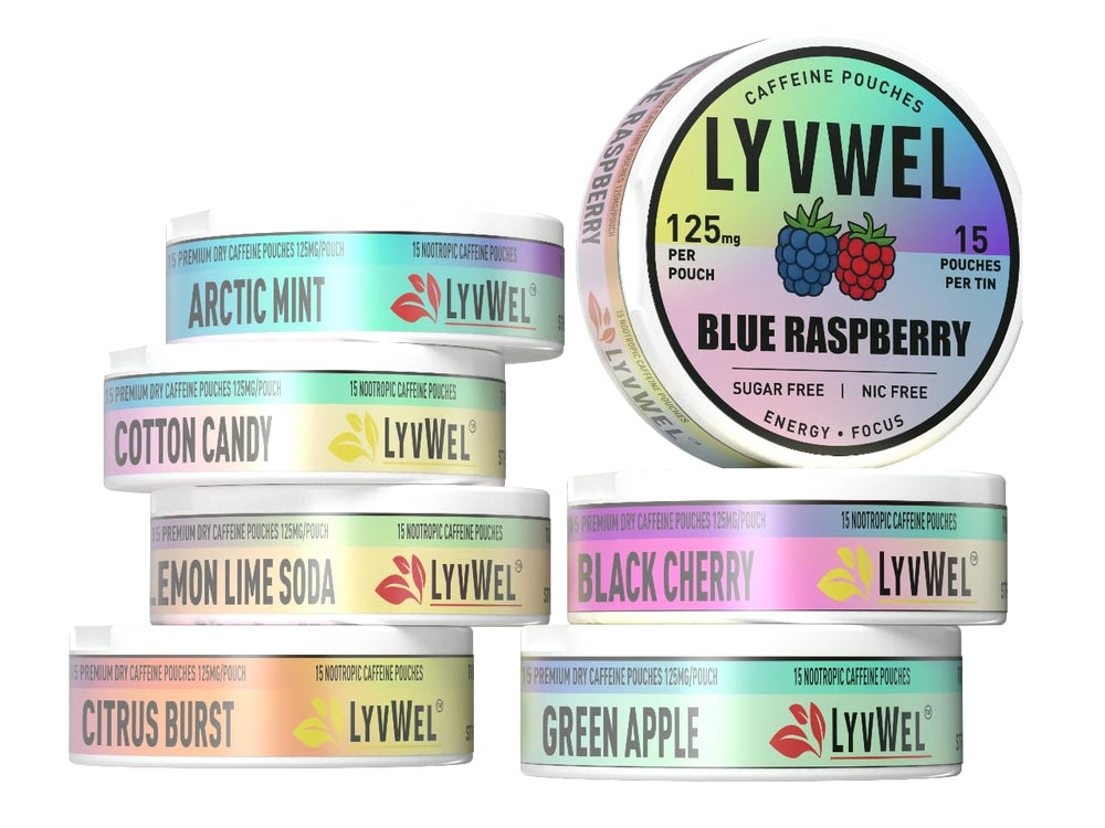 LyvWel 125mg caffeine energy pouch close-up for quick focus and sustained energy.