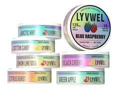 LyvWel 125mg caffeine energy pouch close-up for quick focus and sustained energy.