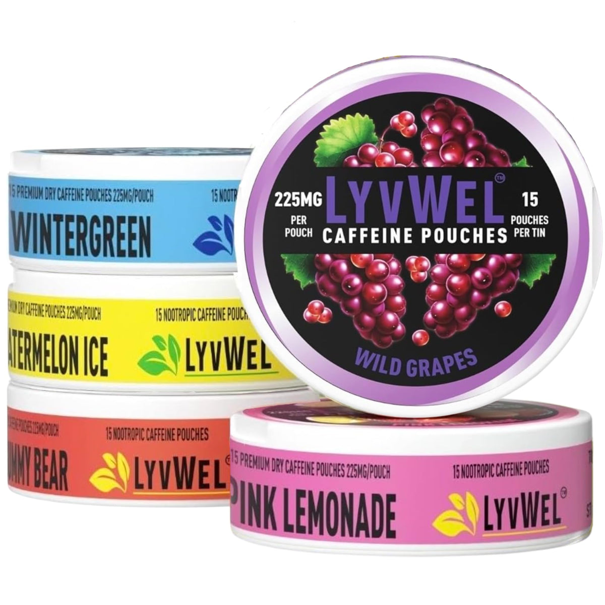 LyvWel 225mg caffeine energy pouch under the lip for quick focus and clean energy.