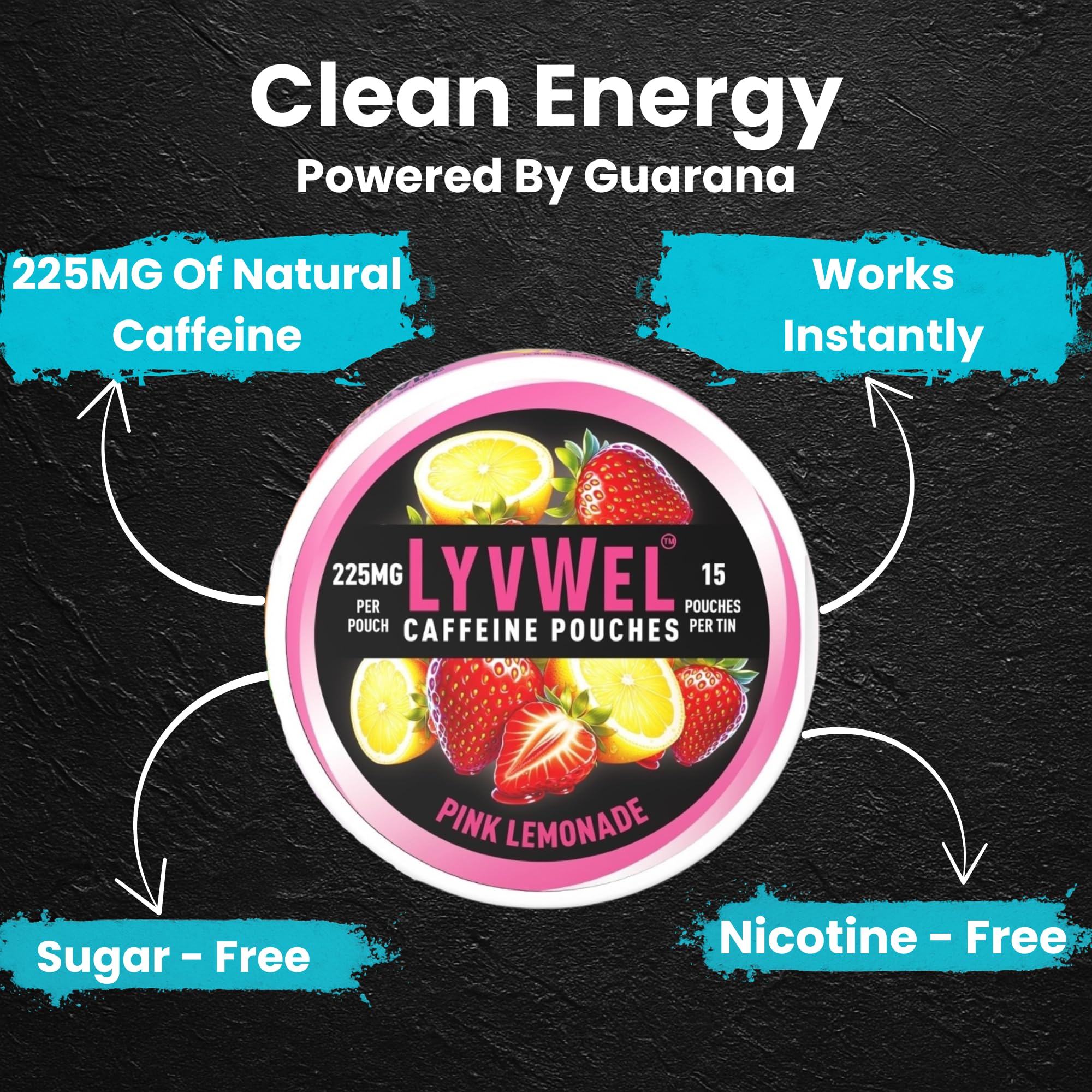 LyvWel 225mg caffeine pouch label highlights high-potency caffeine from guarana