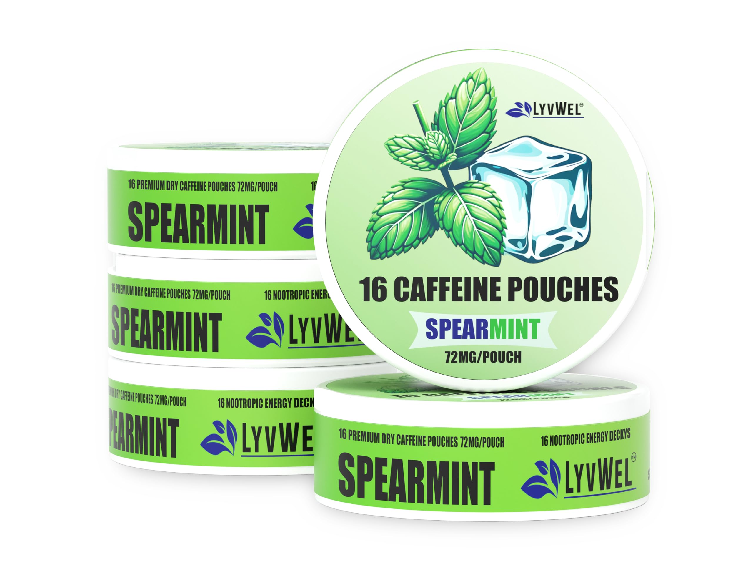 LyvWel 72mg caffeine energy pouch spearmint for discreet under-lip use.